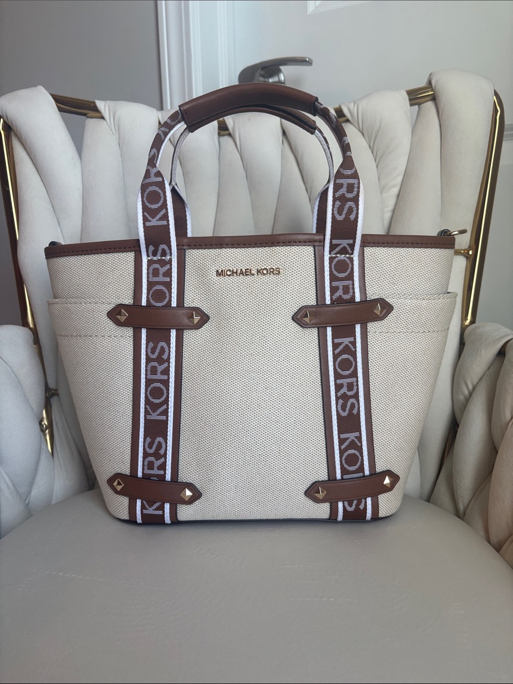 Michael Kors Maeve Cream and Brown Canvas Crossbody Tote